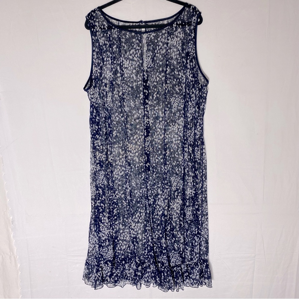 Navy Blue White Boho Whimsygoth Star Print Sheer Sleeveless Ruffle Hem Dress XXL